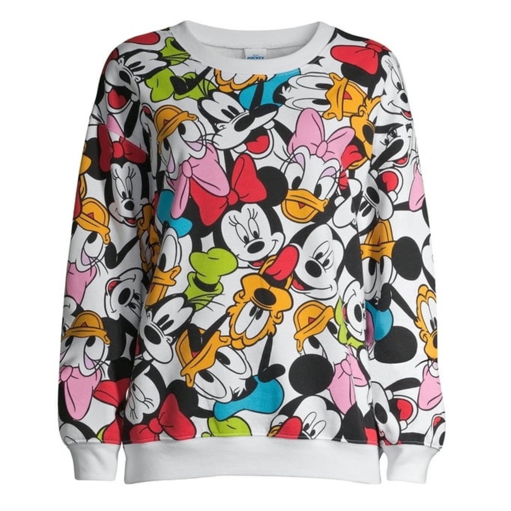 Disney Mickey & Friends Faces All Over Crewneck‎ Juniors Sweatshirt Size S .